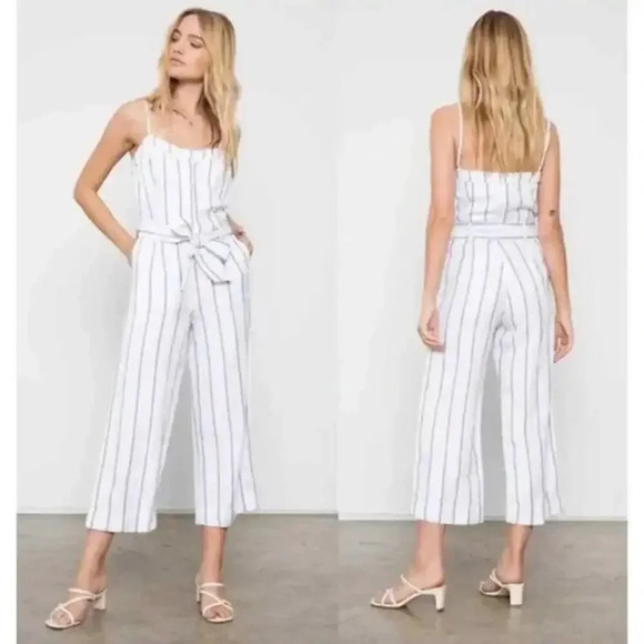 RAILS Happer Prato Stripe Wide Leg Linen Jumpsuit White Size Small Coastal Beach - Picture 1 of 9